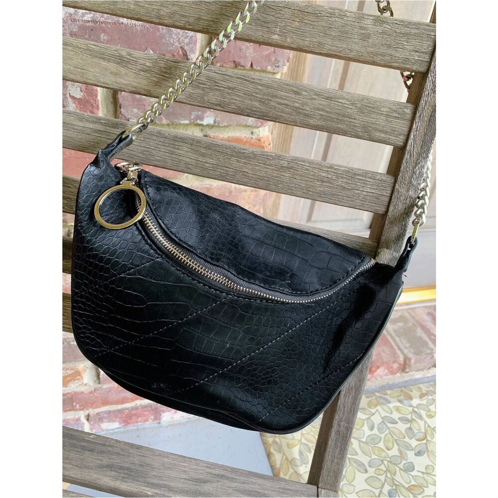 Montana West Croc Black Leather Y2K Chain-Accent Shoulder Bag